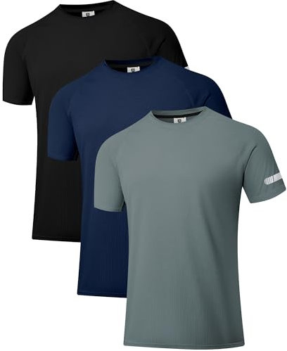 3 Pack Herren Workout Laufshirts UPF 50+ Sonnenschutz Rash Guard T-Shirts Quick Dry SPF UV Swim Short Sleeve Shirts Schwarz/Navy/Dunkelgrau 03 L