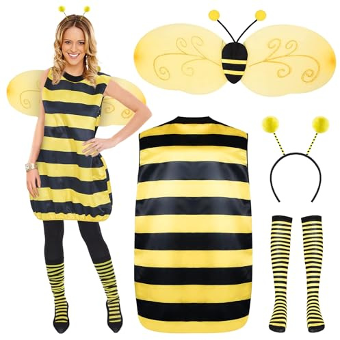 YQBFB Deguisement d'Abeille pour Femme Adulte: Costume Femme Abeille de Carnaval avec Ailes Bandeau et Collants - Idéal Vestido pour Halloween Cosplay et Fêtes à Thème (Abeille, XL)
