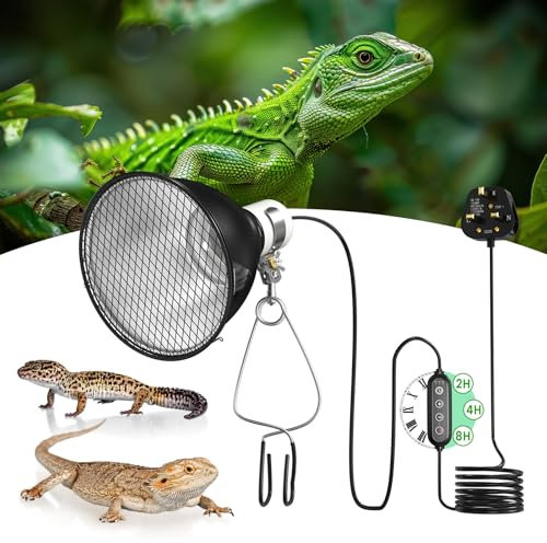GlowUp Reptile Heat Lamp Holder with Cycle Timer&Dimmer, E27 200W 5.5 Inch Dimmable Reptile Heat Lamp Holder Dome with Gaurd Basking Lamp Holder for Tortoise, for UVA UVB,Infrared Heat Bulbs (NO Bulb)