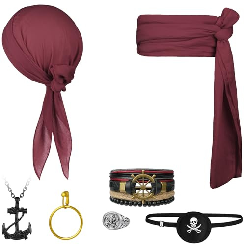 Alaoo Kit Accessori Pirata, 7 pezzi Capitano Pirata Costume Accessori cInclusi cintura, foulard, collana, mascherina per gli occhi, braccialetto, anello, orecchini, per Halloween Carnevale Festa(7pcs)