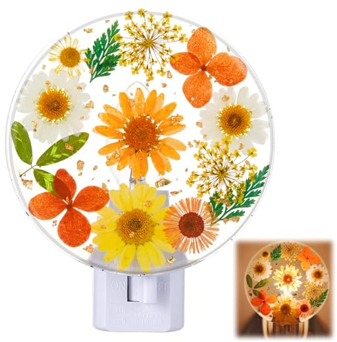 Glooglitter Pressed Flower Night Light Plug in - Handmade Dried Floral Wall Night Light, Soft Glow Decorative Nightlight for Hallway Bedroom Nursery Bathroom, Vintage Botanical Home Decor(Orange)