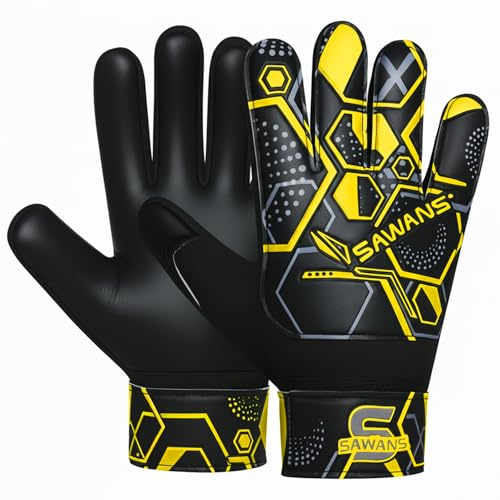 SAWANS Football Soccer Goalkeeper Gloves For Boys Durable Comfortable kids Children Youth Goalie Gloves Wrist Support Strong Grip Padded Palm (Black/Yellow, Size 2 suitable for 3 to 4 Years old)