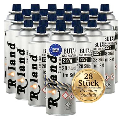 Roland 28 Stück Camping Butan Gaskartusche 227g – Gaskartuschen für Gaskocher, Lötbrenner & Heizung – Premium Qualität Butangas
