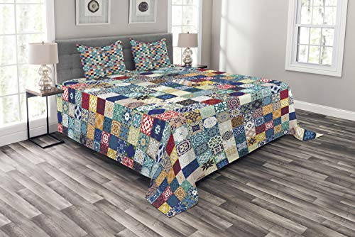 ABAKUHAUS marokkanisch Tagesdecke Set, Aufwändige Patchwork-Motiv, Set mit Kissenbezügen Waschbar, für Doppelbetten 264 x 220 cm, Dunkelblau Mehrfarbig