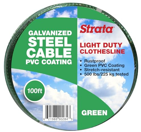 Strata 100 Feet Clothesline Outdoor Light Duty Galvanized Wire Steel Cable, Green PVC Coating - Clothes Line Wires for Outside Laundry Drying
