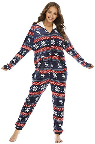 BERDITH jumpsuit, onesie för kvinnor, sovoverall jul med huva, träningsoverall, pyjamas, mysig pyjamas, långärmad sparkdräkt jul med dragkedja för kvinnor, flickor