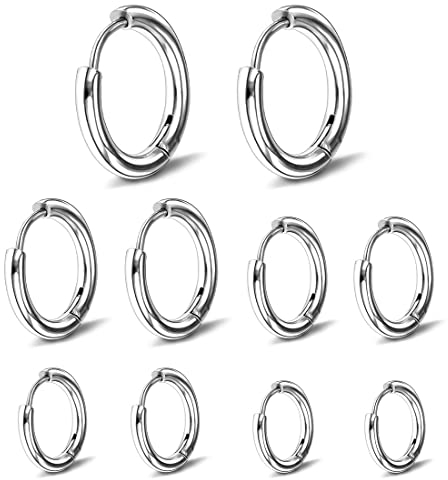 Androxeda 5 paia di orecchini a cerchio per uomini e donne, leggeri, acciaio inossidabile, cartilagine, cerchio, ipoallergenico 8-16 mm(argento)