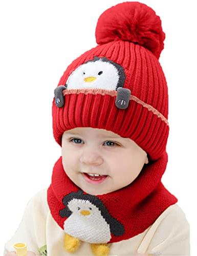 Rayson Gorros para Niño Niña Bebé Otoño Invierno Linda Pequeño pingüino Niños Gorro de Punto Acolchado y Bufanda Traje de 2 piezas(Rojo)