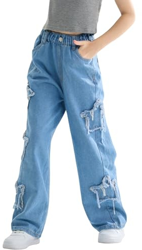 Rolanko Vaqueros Anchos para Niñas Pantalón Denim Patchwork de Cintura Elástica y Pierna Ancha, Azul, Tamaño: 170