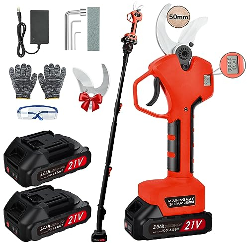 Tijera de Podar Electricas de 50mm con Telescópica Pértiga: Tijeras de Podar Bateria Profesional con 2 Baterías de 21V/2000 mAh-Podadora Eléctrica con pantalla LCD para Jardinería,Olivos Ramas(Rojo)