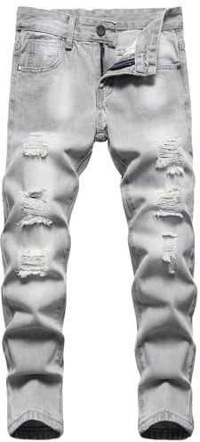 Happy Cherry Jeans Strappati Ragazzi in Denim Pantaloni Skinny Vita Alta Jeans Moda con Tasche Pantaloni Lunghi Grigio Vintage per Bambini, 13-14 Anni