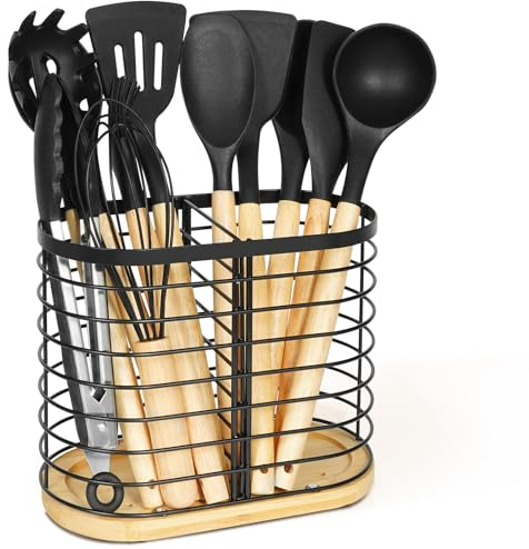 buysigo Soporte para utensilios para encimera de cocina, organizador de utensilios de cocina, cuenco grande de acero inoxidable negro con base de madera, 2 compartimentos, organizador de utensilios de