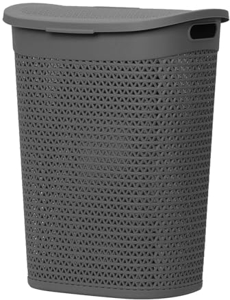 60L Laundry Basket with Lid - Large Plastic Washing Basket with Handles - Heavy-Duty Rattan Laundry Bin Hamper Clothes Storage Organiser for Bedroom & Bathroom - Grey, 60 Litre