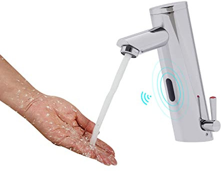 WOLEGM Infrarot Sensor Wasserhahn, 0,1' Reaktion Automatisch Sensor Mischbatterie Einstellbare Temperatur für Küchen, Bäder, Hotels, Gästehäuser, Silber