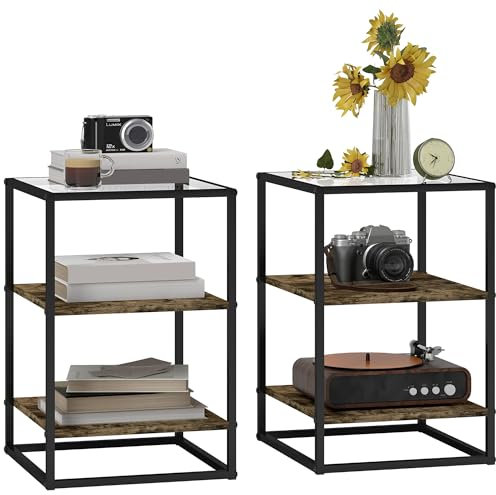 HOMCOM 2er-Set Couchtisch, Beistelltisch mit Glasplatte, 3 Ebenen, Wohnzimmertisch mit Metallbeinen Sofatisch für Wohnzimmer, Schlafzimmer, Flur, 37 x 40 x 55,5 cm, Rustikal-Braun