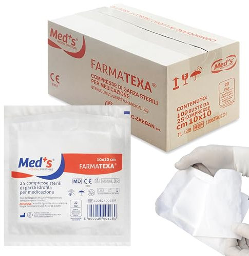 FARMACZABBAN Compresse di garza idrofila sterile monouso 10x10 cm 25 strati 100% cotone (100 bustine