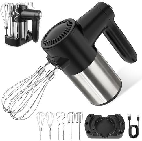 JOZZVE Batteur à Main Sans Fil, Batteur Électrique Polyvalent avec 7 Vitesses, Affichage Digital, 6 Accessoires en Acier Inoxydable 2 Batteurs, 2 Fouets, 2 Crochets à Pâte et Base de Stockage