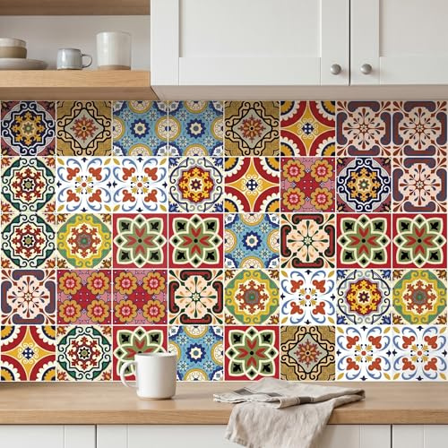 MEIHEA 30 Pack, 4x4 Inch Mediterranean Tile Stickers, Colorful Vintage Peel and Stick Backsplash, Boho Decorative Vinyl Decals for Kitchen