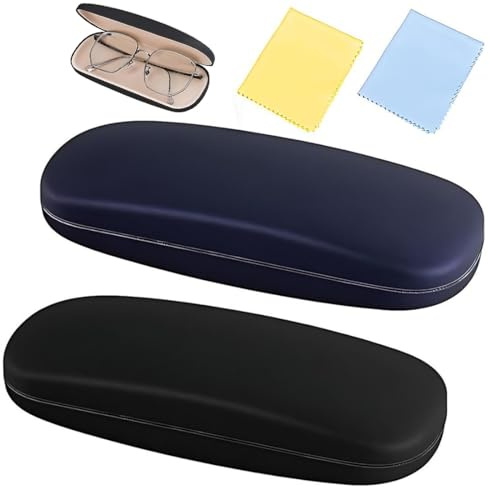 JUGUTA Étui Lunettes Rigide, Lot De 2 Pièces En Cuir Synthétique Résistant Aux Rayures, Noir Et Bleu, Taille Unique, Avec Chiffon De Nettoyage Portable Pour Lunettes De Soleil Et Lecture