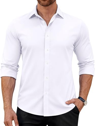 J.VER Mens Shirts Long Sleeve Smart Casual White 4-Way Stretch Regular Fit Work Dress Formal Button Down Shirt XL