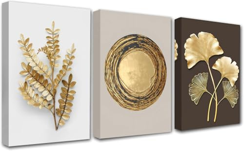 PIGPIGFLY Set de 3 Cuadros Lienzo Hojas de Ginkgo Dorado 30x40cm - Lienzos Decorativos con Marco, Cuadros Salon y Dormitorio Estilo Natural