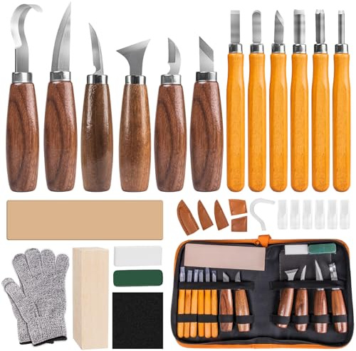 FANTICDE Ciseaux à Bois,30 in 1 Outils de Sculpture bois,Outillage Bois avec 12 Couteau Sculpture bois,bois d'exercice, boîte de rangement,pierre à aiguiser. Pour débutants, adultes et adolescents