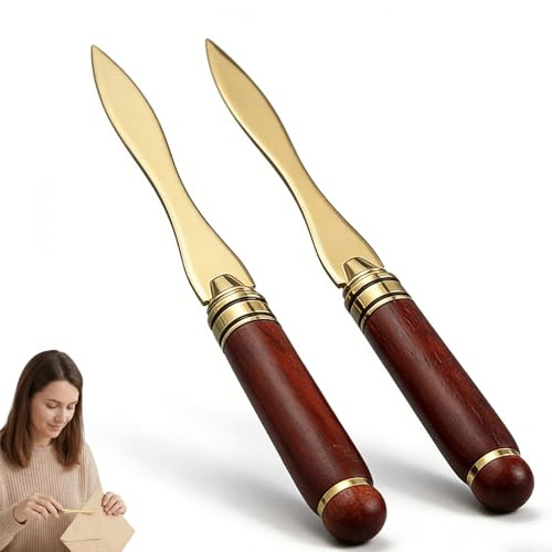 Abrecartas de Acero Inoxidable, Pack de 2 Unidades 16 cm, Agarre de Madera, Cuchillo Abrecartas Seguro Portátil, Cortador de Papel para Uso Diario y Embalaje