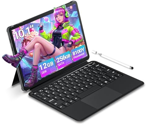 Tunhail Tablet 10 Pulgadas, 2 in 1 portatil Core M3 8100Y hasta 3,4 GHz, Ordenador Portatil 12 GB RAM +256 GB SSD, WiFi 5+BT 5.0, USB A 3.0, Type-c, con Teclado y lápiz óptico