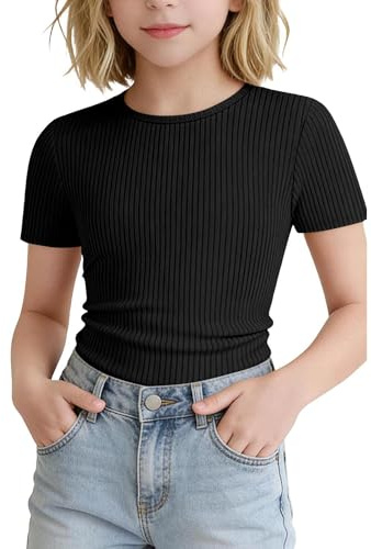 Msemis barn långärmad tröja flickor casual rund hals basic t-shirts sommar casual t-tröjor sport skjorta kortärmad streetwear, svart, 158-164