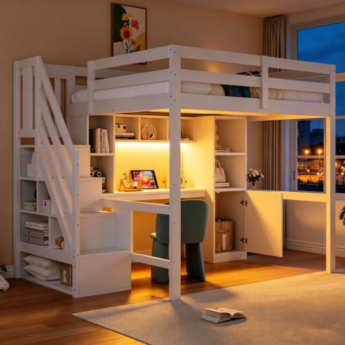 Lit Mezzanine 140x200 avec Bureau et Rangement, Lit 2 Places avec Escalier Intégré et Étagères, Placards et LED, Lit en Hauteur Multifonctionnel pour Chambre Moderne, Blanc