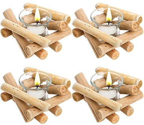 ZEAYEA 4 Pack Tealight Candle Holder, Wooden Tea Light Holder with Glass Votive Cup, Rustic Campfire Style Candle Holder for Farmhouse Home Altar Wedding Decoration Table Centerpieces