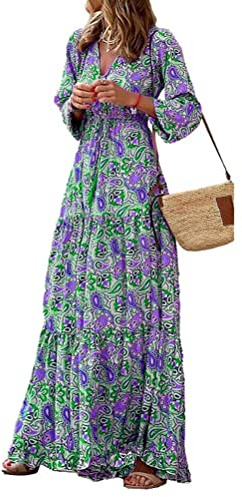 ticticlily Vestido Mujer Verano Boho Elegante Maxi Vestidos Manga Corta y Cuello V Estampado Floral Vestido Casual Playa Fiesta Vestidos Ocio Suelto Talla Grande