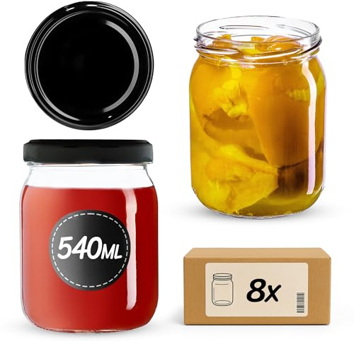 KADAX syltburkar 540 ml, konserveringsburkar med skruvlock, glas med skruvlock, konserveringsburkar, förvaringsburkar för insättning av gurkor (8 stycken, svart)