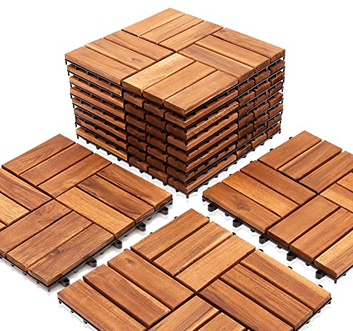Ikodm Dalles terrasse Lot de 33 carreaux en bois d'acacia,3 m²-30 x 30 cm dalles composées de 12 lattes chacune-Pour balcon,jardin