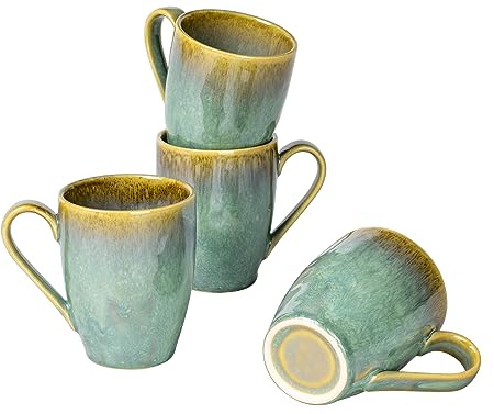 Henten Home Porcelain Mug Set, Ceramic Mug Set, Crockery Cup Mug for 4 People, Vintage Green, Coffee Mug Set of 4, 375 ml