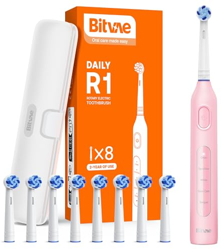 Bitvae R1 Rotating Electric Toothbrush with 8 Brush Heads for Adults and Kids, 5 Modes Rechargeable Power Toothbrush, 3 Hours Fast Charge for 60 Days, Brushing Timer, Pink