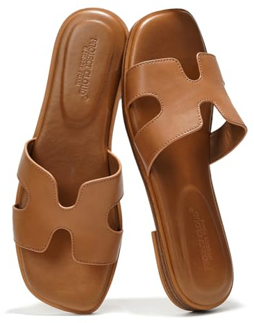 Project Cloud 100% Genuine Leather Sandals for Women 2026 - Fashion Flat Womens Sandals with Memory Foam Insole Slides Sandals Women Footwear - Mules Women's Sandals (Jannel,Cogn, 11)