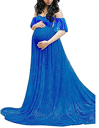 Robe à épaules Dénudées Grossesse Shooting Photo Dentelle Manche Courte Robe Maternité Fête Soirée Cérémonie Maxi Robe Grossesse Chic Et Elegant Pas Cher Mariage (Blue, XXL)