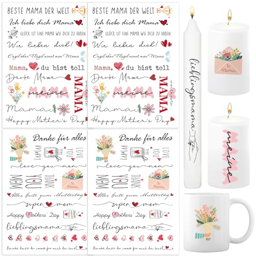 BETESSIN 4Pcs Kerzen Tattoo Muttertag Tattoofolie Kerzentattoos Sprüche Beste Mama Kerzensticker Wasserschiebefolie Kerzen Dekoration Kerzenaufkleber DIY Geschenk für Kerzen Tassen