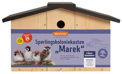 Welzhofer Sperlingskoloniekasten Marek, Nistkasten für Sperlinge und Spatzen, Sperlingskoloniehaus mit 3 Brutkammern aus Kieferholz, 34mm Einflugloch, Spatzenhaus leicht zu reinigen