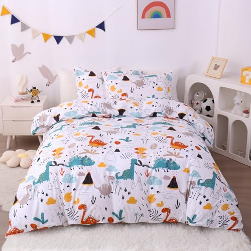 JSD Dinosaur Kids Duvet Cover Set Full Size, 3 Piece Soft Printed Microfiber Bedding Comforter Cover with Pillow Shams Zipper Closure, Comforter Not Included