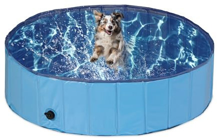 Relaxdays Hundepool, H x D: 30 x 120 cm, faltbar, mit Ablassventil, Hundeplanschbecken zur Abkühlung, PVC & MDF, blau