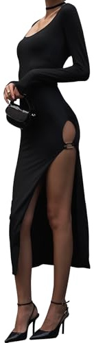 Gkaopi Abito Lungo Donna Vestito Maniche Lunghe Abito da Cocktail Scollo a U Sexy Maxi Bodycon Vestiti Cerimonia Vestito Festa per Party Matrimonio (L)