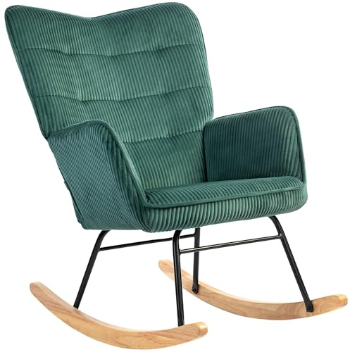HOMCOM Schaukelstuhl, Schaukelsessel mit Kordimitat, Armlehne, Gepolsterter Sessel mit Hoher Rückenlehne, Holzkufen, Moderner Relaxsessel für Wohnzimmer, Schlafzimmer, bis 120kg, Dunkelgrün