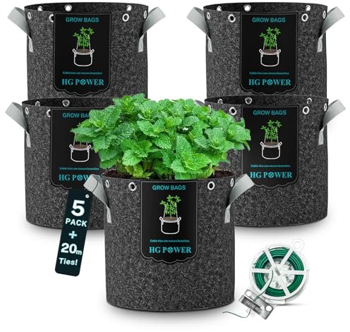 HG Power Saco de Cultivo 20L (15L + 33% Volumen Extra), 5 Piezas, Maceta de Tela con 20m de Alambre para Plantas, Ø30cm, Altura 30cm – Tejido No Tejido 350g/m², Resistente