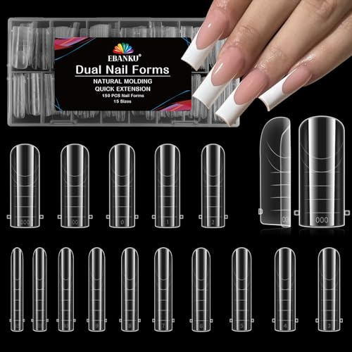 EBANKU 150 PCS Unghie Finte Nail System Dual Nail Form, Riutilizzabili Nail Dual Form Kit Nail Form Quadrato Acrilico Tips Unghie con Scala Graduata per Unghie Strumenti, 15 Misure