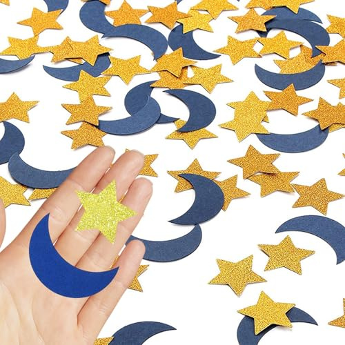 NiCola Gold Star Table Confetti, 3cm Large Star and Moon Table Confetti, Glitter Tables Scatter for Eid Mubarak Party Decorations Ramadan Celebrations (Gold)