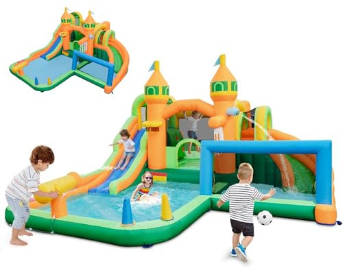 DREAMADE Château Gonflable pour 2 Enfants 3 Ans+, 472 x 439 x 255 CM, Charge Max.90KG, Aire de Jeux Parc Aquatique avec Toboggans (sans Gonfleur)