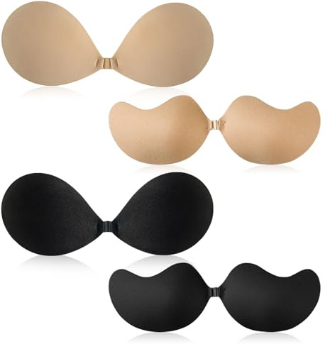 SAIIURV 4 Paia Reggiseno Invisibile, Reggiseno Adesivo da Sposa Senza Schienale, Push Up Copricapezzoli Reggiseno, (IT, Testo, Taglia Unica, Regular, Regular, Nero, Nudo)