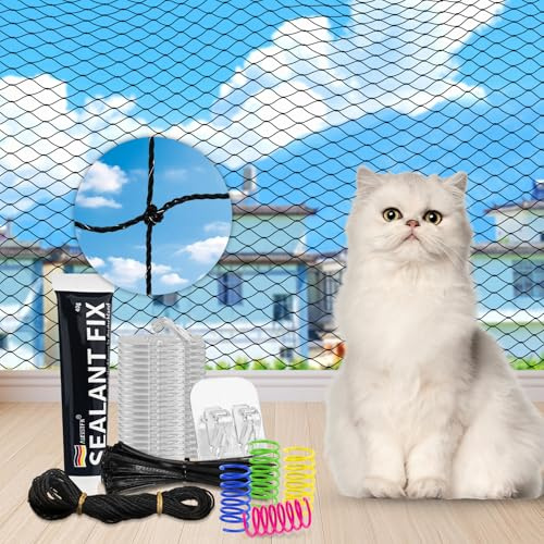 CENOVE Filet de Protection pour Chat Balcon sans Percer, 3×4M / 3×6M / 3×8M Filet Chat Balcon, Filet Sécurité Anti avec Crochets Adhésifs, Silicone & Attaches de Câble et Jouets pour Chats